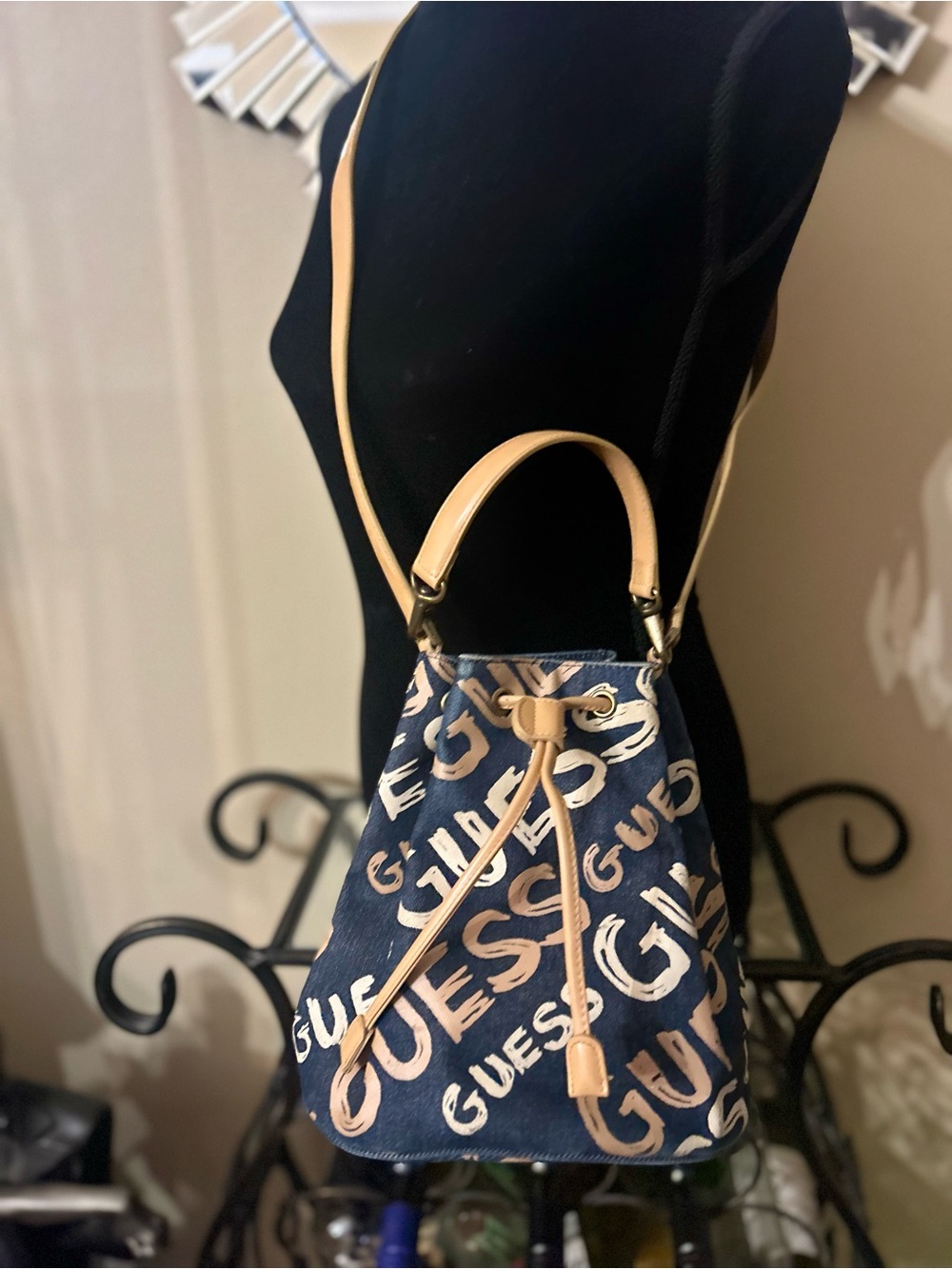 GUESS Navy Canvas Logo Drawstring Bucket Bag with Tan Trim